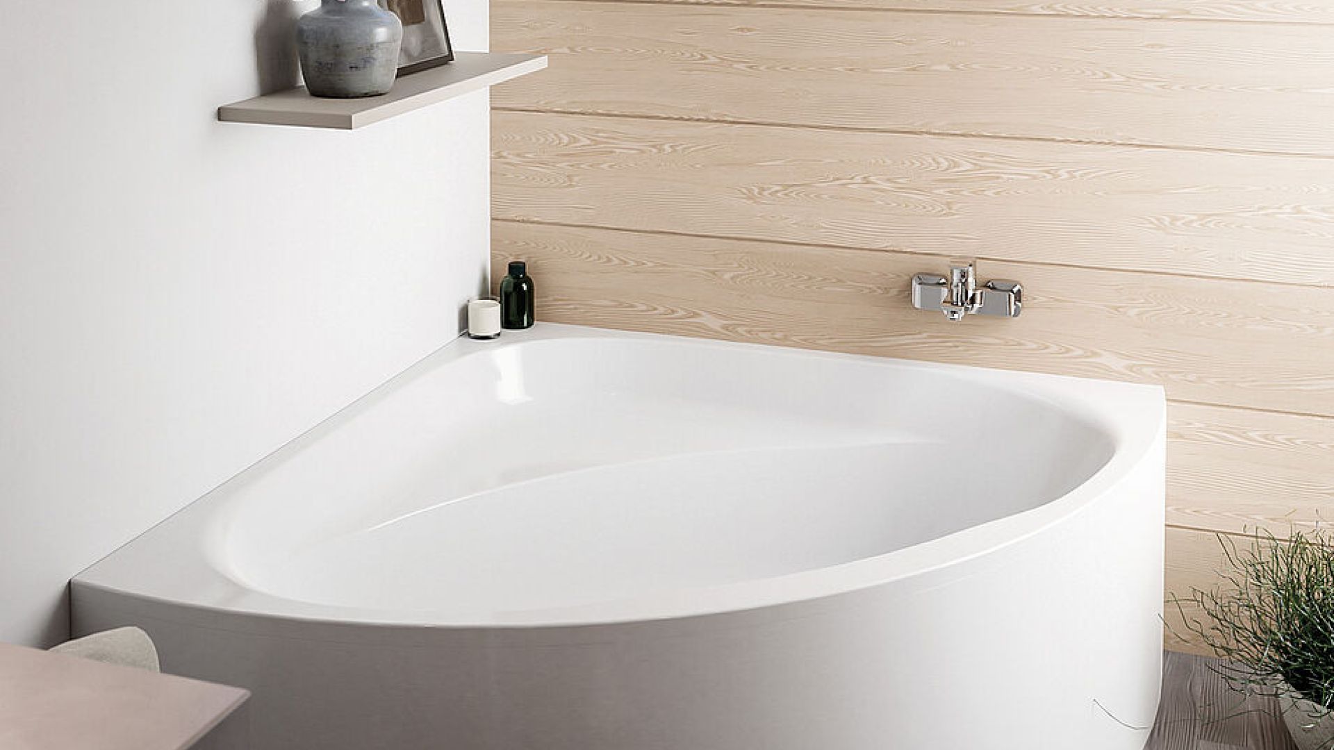 FORMAT Eck-Badewanne vor heller Holzwand