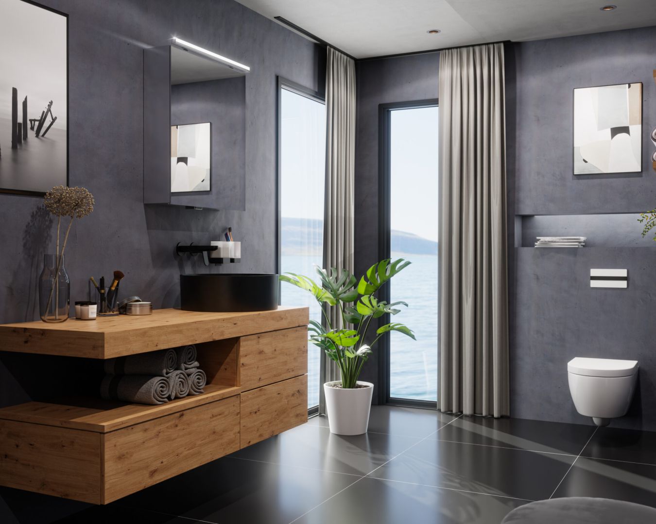 Duschbad von FORMAT mit hölzernem Badmöbeldekor und schlau geplantem Stauraum