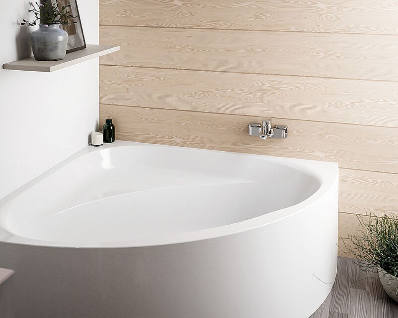 FORMAT Eck-Badewanne vor heller Holzwand