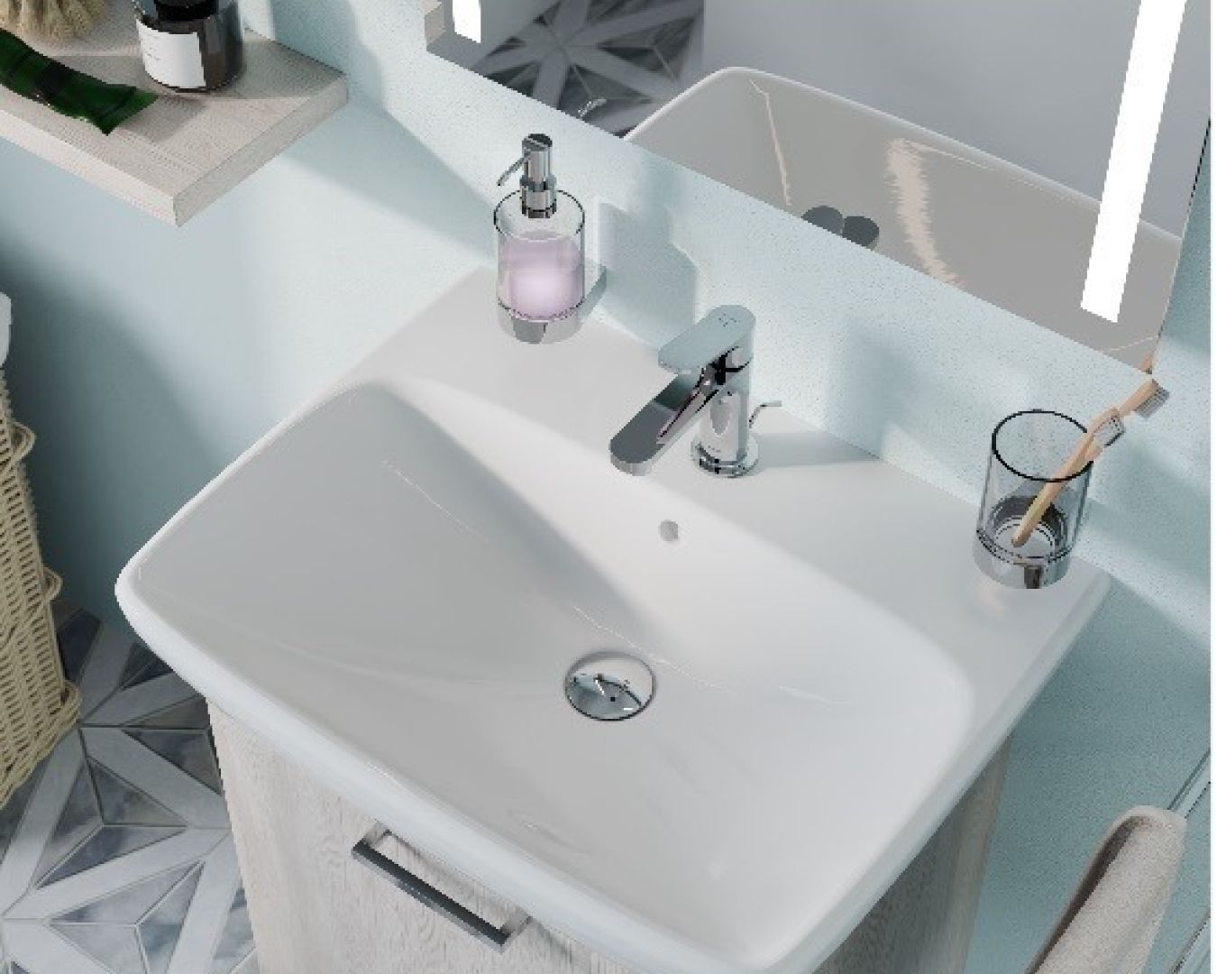 FORMAT Waschplatz mit Accessoires und FORMAT CoolStart Armatur