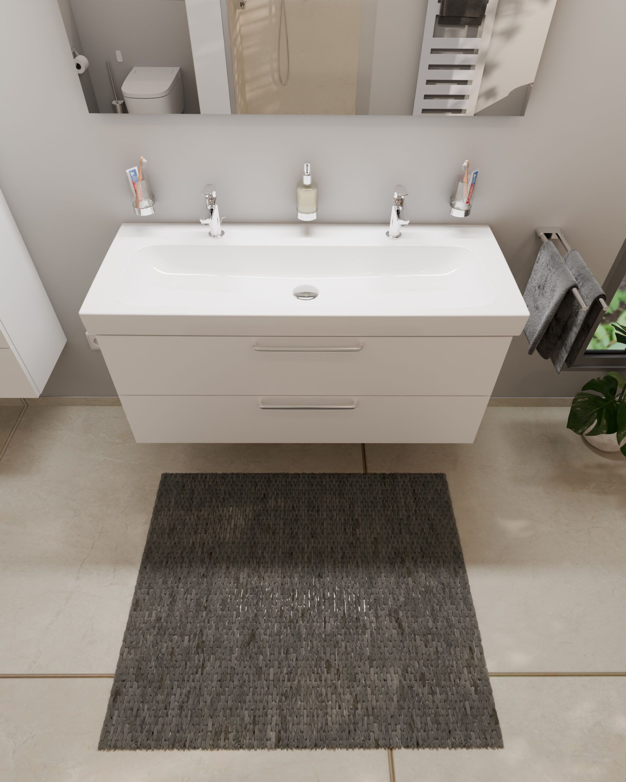 Draufsicht FORMAT Waschplatz mit Accessoires und Cool-Start Armatur