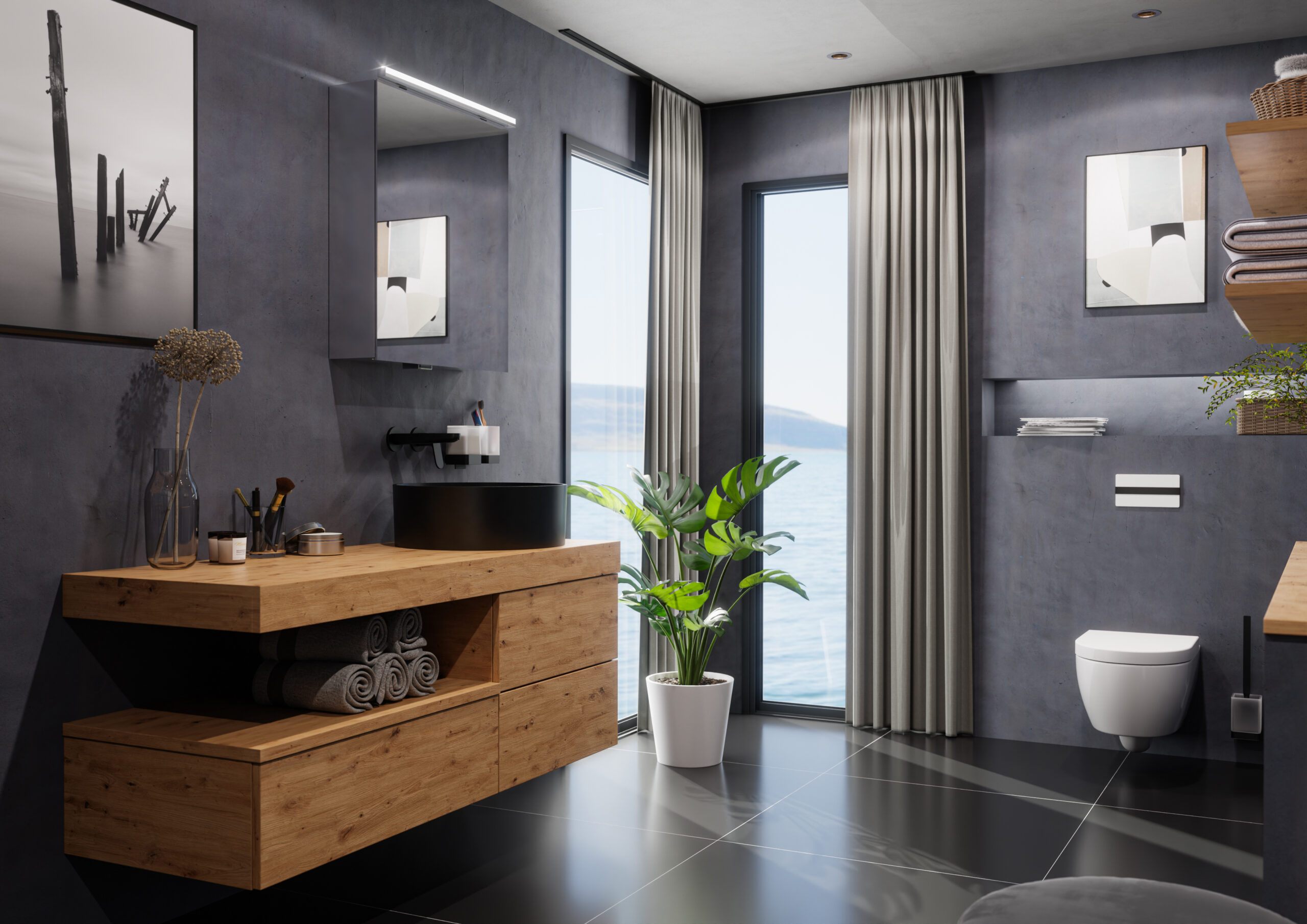 Duschbad von FORMAT mit hölzernem Badmöbeldekor und schlau geplantem Stauraum